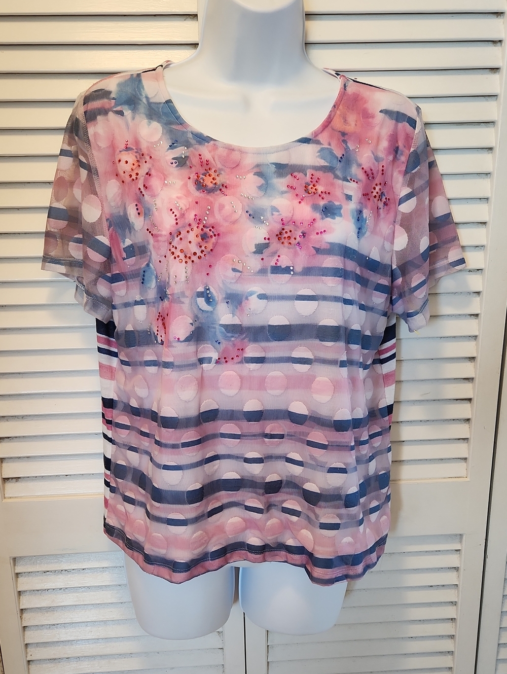 Alfred Dunner Pink & Blue Floral Striped Short Sleeve Top